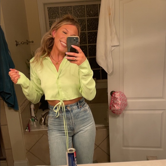 Zara satin lime cropped blazer with tie. Size medium. Worn once - Picture 2 of 4